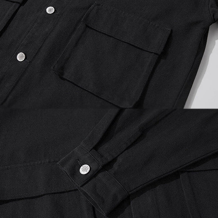 Buddha Stones長袖 ボタン スタンドカラー デザイン メンズ コットン ジャケット シャツ ポケット付き - image 3