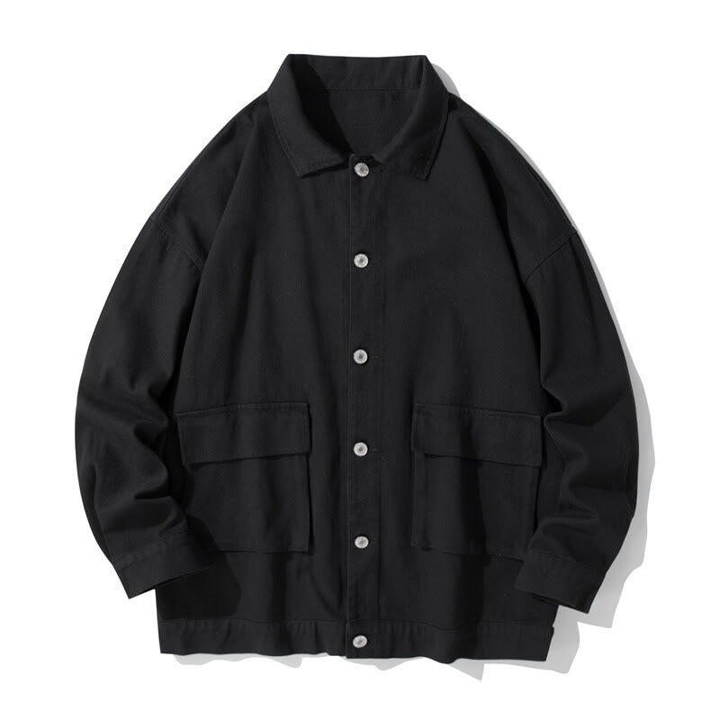 Buddha Stones長袖 ボタン スタンドカラー デザイン メンズ コットン ジャケット シャツ ポケット付き - 黒 - US/UK/AU50、EU60（5XL） - image 1