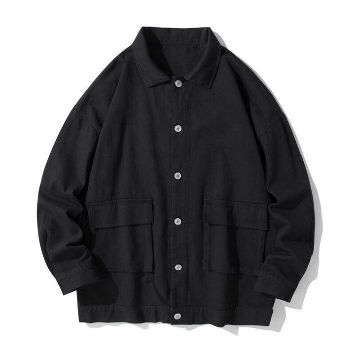 Buddha Stones長袖 ボタン スタンドカラー デザイン メンズ コットン ジャケット シャツ ポケット付き - 黒 - US/UK/AU50、EU60（5XL） - image 1