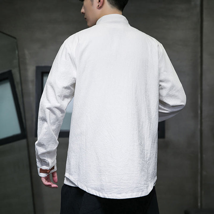 Buddha Stonesメンズ スタンドカラー フロッグボタン コットンリネン 長袖シャツ ポケット付き - image 4