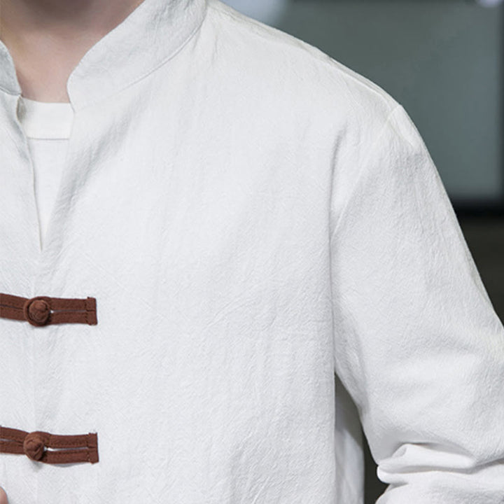 Buddha Stonesメンズ スタンドカラー フロッグボタン コットンリネン 長袖シャツ ポケット付き - image 8
