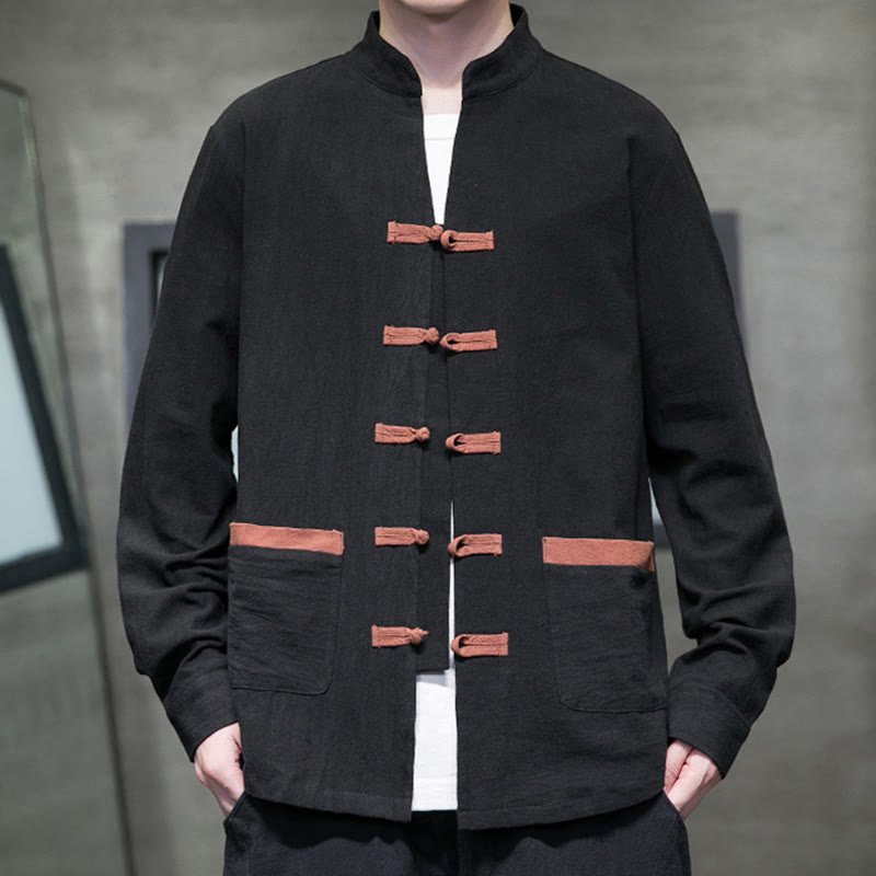 Buddha Stonesメンズ スタンドカラー フロッグボタン コットンリネン 長袖シャツ ポケット付き - 黒 - US/UK/AU46、 EU56 (5XL) - image 10