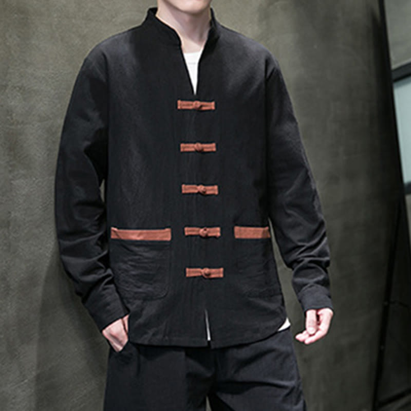 Buddha Stonesメンズ スタンドカラー フロッグボタン コットンリネン 長袖シャツ ポケット付き - image 13