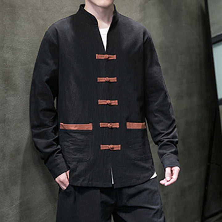 Buddha Stonesメンズ スタンドカラー フロッグボタン コットンリネン 長袖シャツ ポケット付き - image 13
