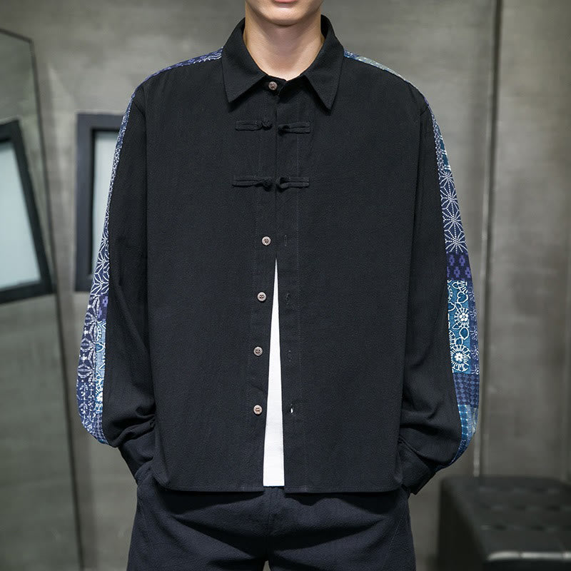 Buddha Stonesメンズ フラワーパターン ステッチ コットンブレンド 長袖シャツ - 黒 - US/UK/AU50、EU60 (5XL) - image 0