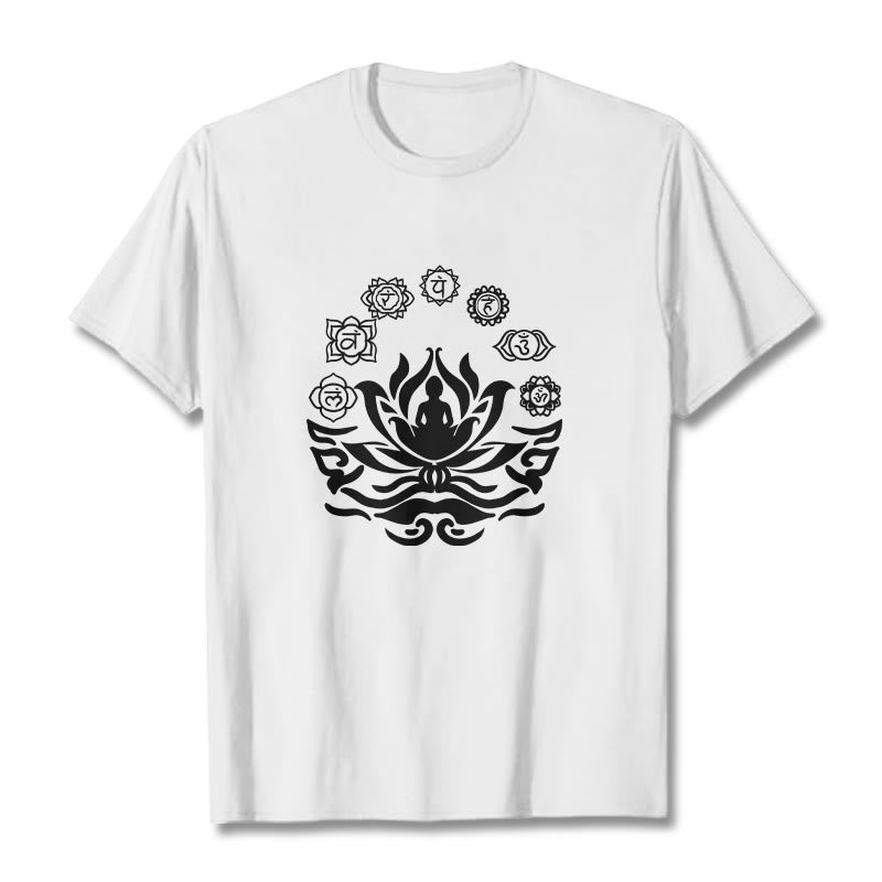 Buddha Stones、 OMシンボル、サンスクリット語のマントラ、仏陀の蓮の花のデザインTシャツ - 白 - 2XL - image 1