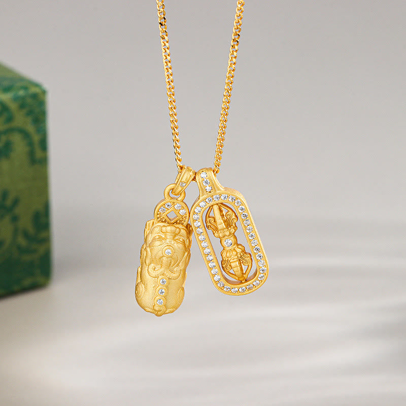 Buddha Stones925 スターリングシルバー ミニ 貔貅 ドルジェ ヴァジュラ 富のネックレス ペンダント - ゴールデン - PiXiuドルジェ金剛杵 - image 0