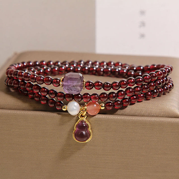Buddha Stones天然ガーネット・アメジストひょうたん守護多層ブレスレット - ガーネット（手首周り：14～15cm） - image 1