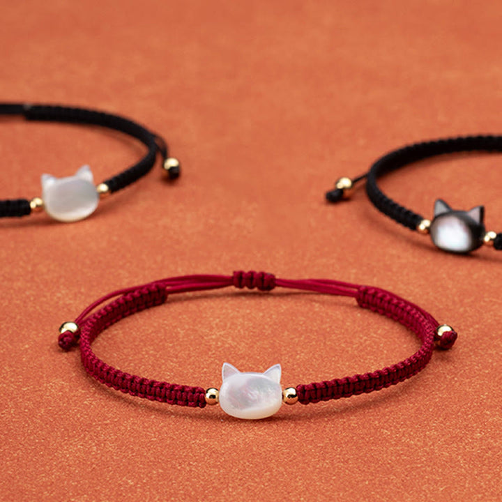 Buddha Stones顔のない猫の頭赤紐シェルコネクションブレスレット - 黒猫の黒い紐 - image 0