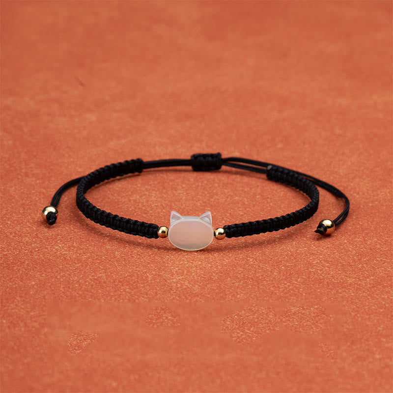 Buddha Stones顔のない猫の頭赤紐シェルコネクションブレスレット - 白猫黒紐 - image 4