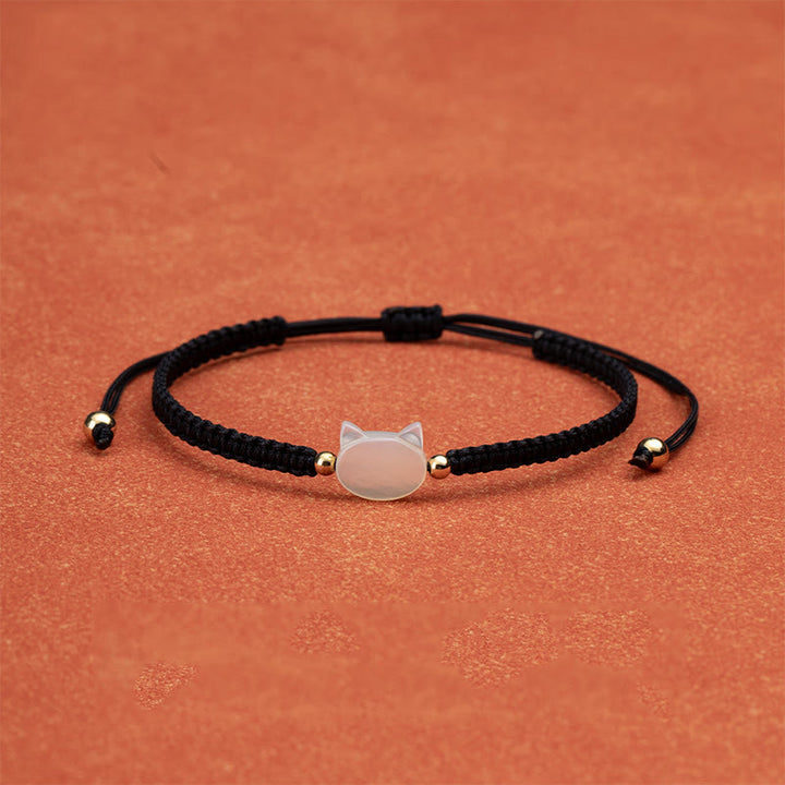 Buddha Stones顔のない猫の頭赤紐シェルコネクションブレスレット - 白猫黒紐 - image 4