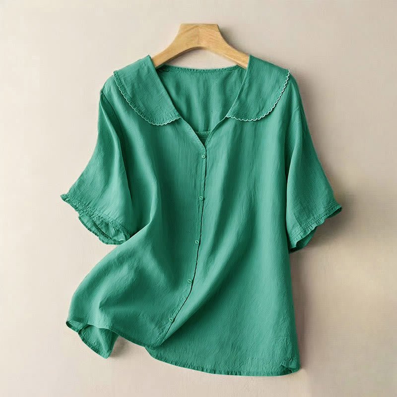 Buddha Stonesカジュアル 無地 ボタン ハーフスリーブ ミディカラー レディース シャツ - シーグリーン - US12、 UK/AU16、 EU44 (2XL) - image 1