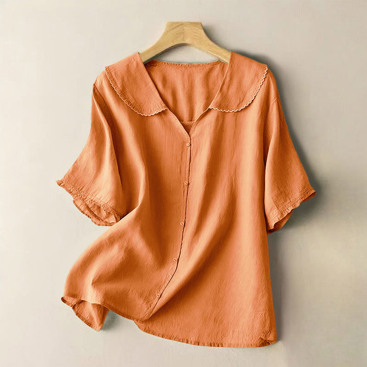 Buddha Stonesカジュアル 無地 ボタン ハーフスリーブ ミディカラー レディース シャツ - サンディブラウン - US12、 UK/AU16、 EU44 (2XL) - image 6