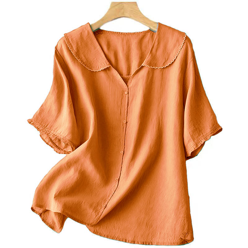 Buddha Stonesカジュアル 無地 ボタン ハーフスリーブ ミディカラー レディース シャツ - image 6