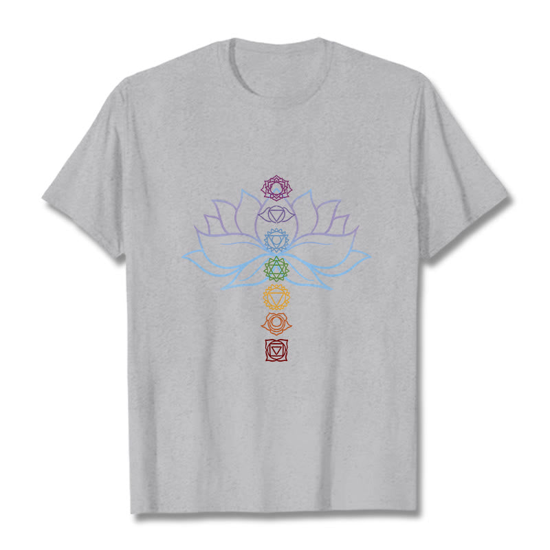 Buddha Stones、パステルカラー、蓮の花、チャクラシンボル、瞑想コットンTシャツ - ライトグレー - 2XL - image 19