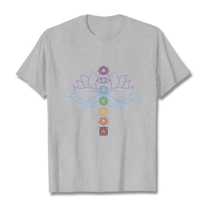 Buddha Stones、パステルカラー、蓮の花、チャクラシンボル、瞑想コットンTシャツ - ライトグレー - 2XL - image 19