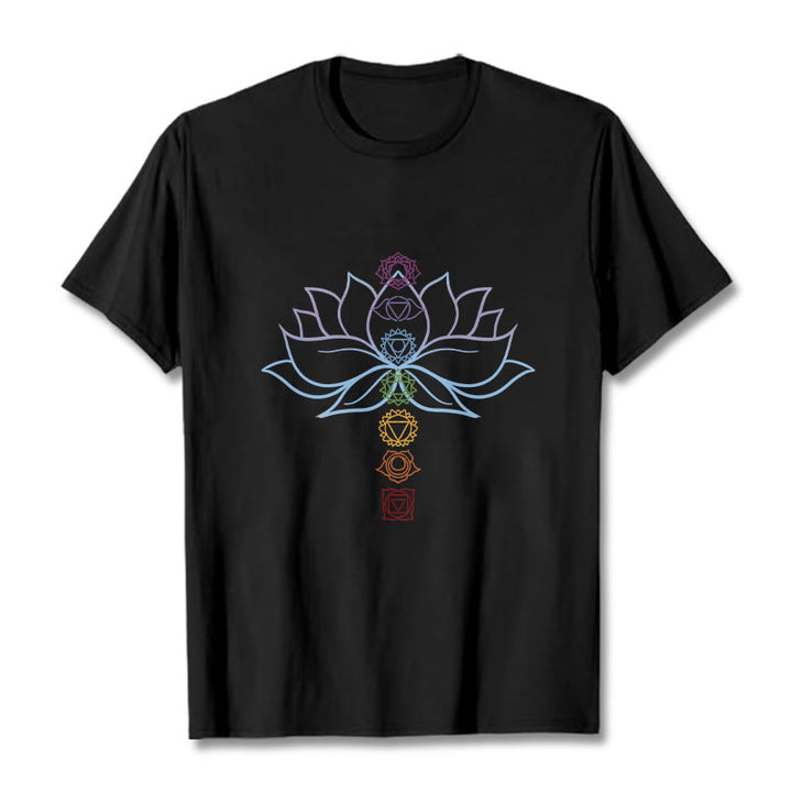 Buddha Stones、パステルカラー、蓮の花、チャクラシンボル、瞑想コットンTシャツ - 黒 - 2XL - image 5
