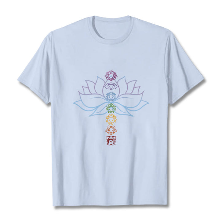 Buddha Stones、パステルカラー、蓮の花、チャクラシンボル、瞑想コットンTシャツ - ライトシアン - 2XL - image 19