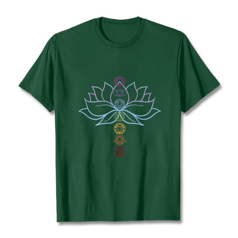 Buddha Stones、パステルカラー、蓮の花、チャクラシンボル、瞑想コットンTシャツ - フォレストグリーン - 2XL - image 10