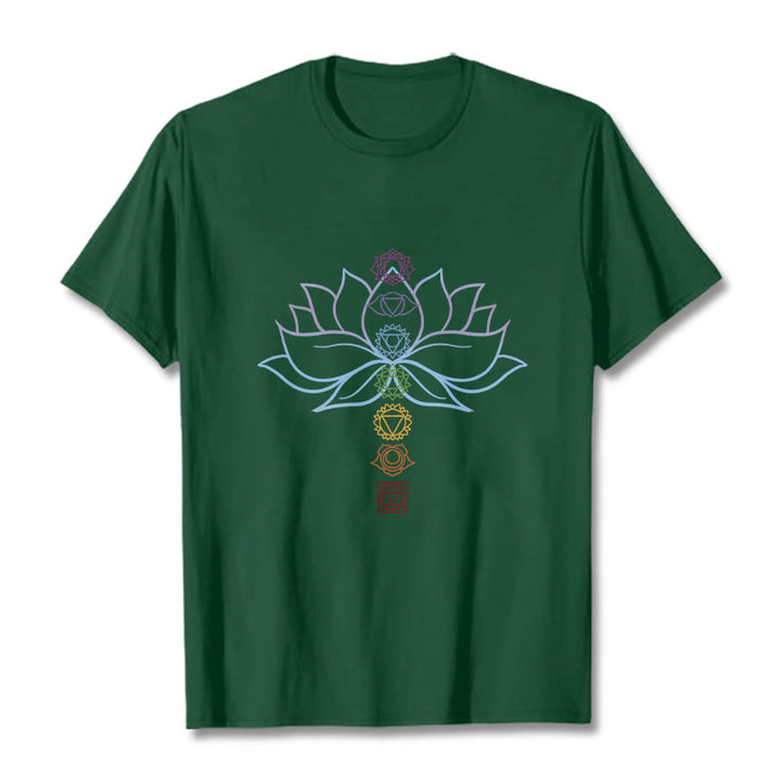 Buddha Stones、パステルカラー、蓮の花、チャクラシンボル、瞑想コットンTシャツ - フォレストグリーン - 2XL - image 10