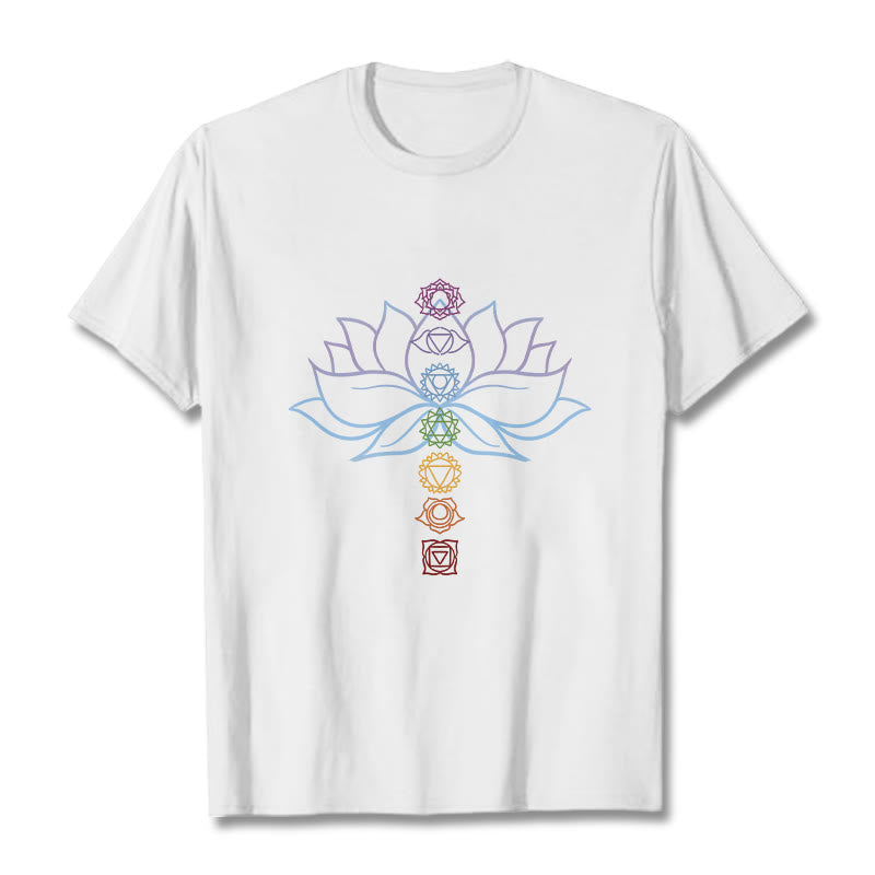 Buddha Stones、パステルカラー、蓮の花、チャクラシンボル、瞑想コットンTシャツ - 白 - 2XL - image 0