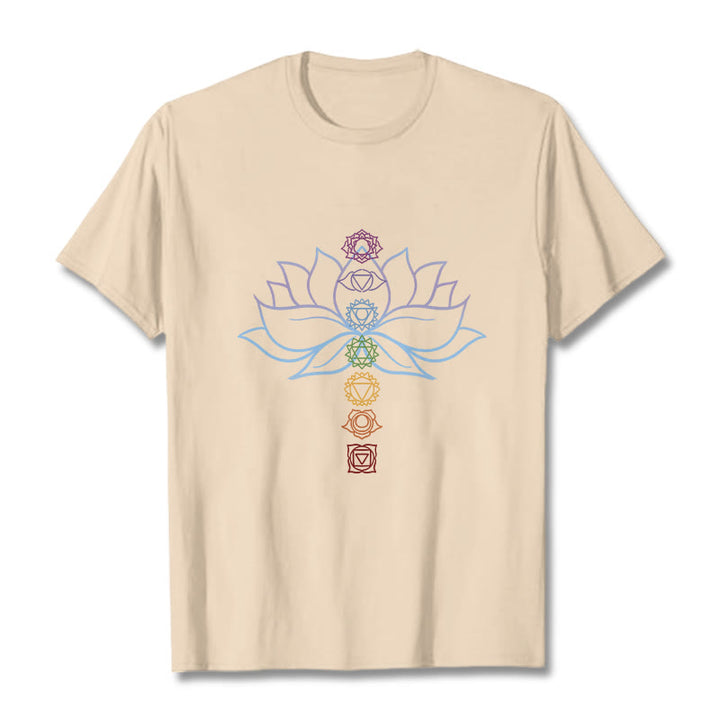 Buddha Stones、パステルカラー、蓮の花、チャクラシンボル、瞑想コットンTシャツ - ビスク - 2XL - image 9
