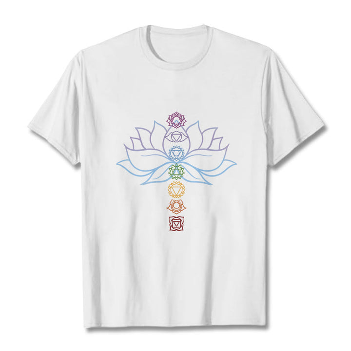 Buddha Stones、パステルカラー、蓮の花、チャクラシンボル、瞑想コットンTシャツ - 白 - 2XL - image 1