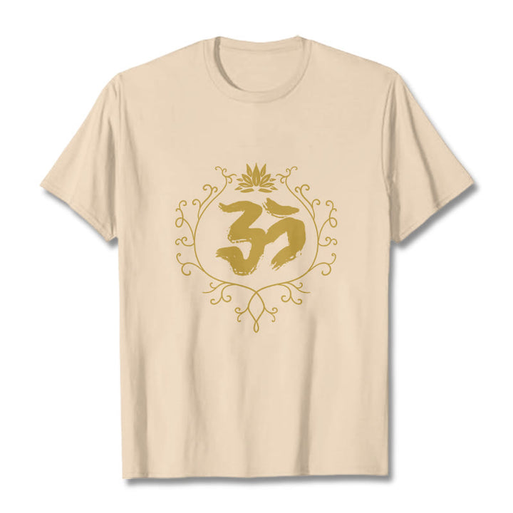 Buddha Stones、オーム、蓮の花、つる模様、瞑想コットンTシャツ - ビスク - 2XL - image 9