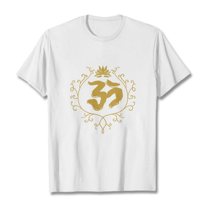 Buddha Stones、オーム、蓮の花、つる模様、瞑想コットンTシャツ - 白 - 2XL - image 6