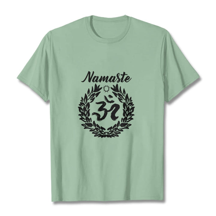 Buddha Stones、オーム、サンスクリット語、ナマステ、葉っぱの模様、瞑想コットンTシャツ - ペールグリーン - 2XL - image 15