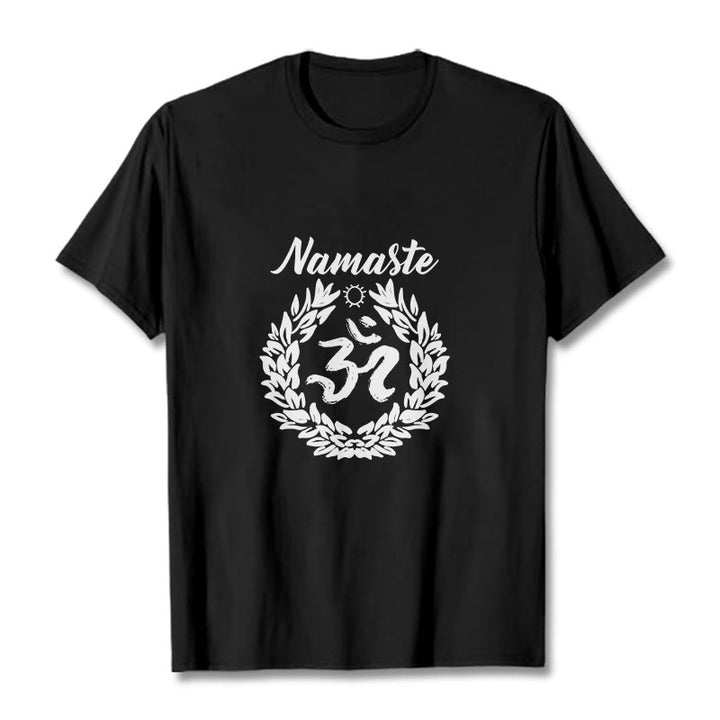 Buddha Stones、オーム、サンスクリット語、ナマステ、葉っぱの模様、瞑想コットンTシャツ - 黒 - 2XL - image 4