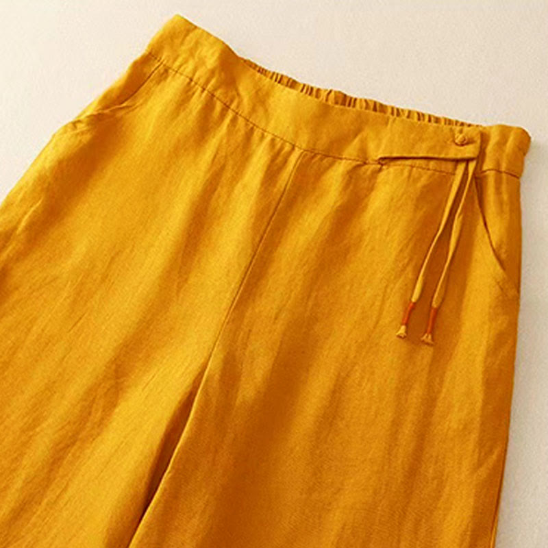 Buddha Stonesカジュアル 無地 ワンボタン レディース カプリ ワイドレッグ パンツ ポケット付き - image 1