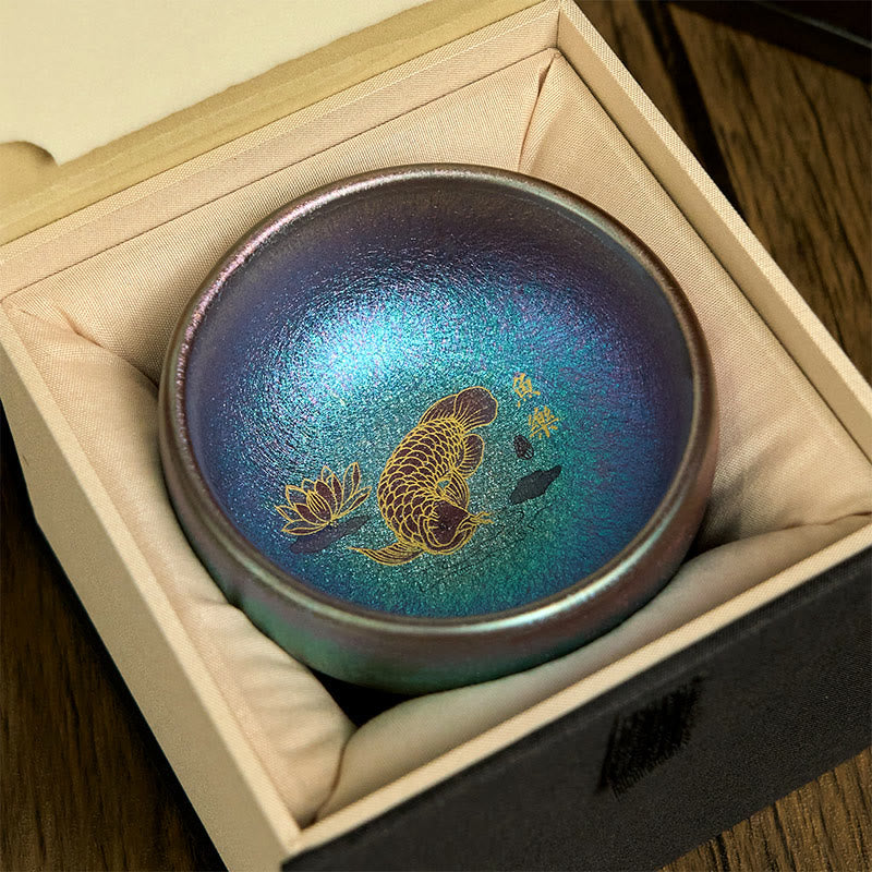 Buddha Stones手作り 中国製 建禅 鯉 蓮の葉 陶器 ティーカップ カンフー ティーカップ 150ml - ブルーゴールド鯉8.8cm×5.5cm×150ml - ギフトボックス - image 15