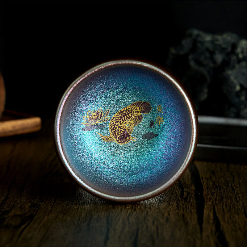 Buddha Stones手作り 中国製 建禅 鯉 蓮の葉 陶器 ティーカップ カンフー ティーカップ 150ml - ブルーゴールド鯉8.8cm×5.5cm×150ml - ギフトボックスなし - image 11