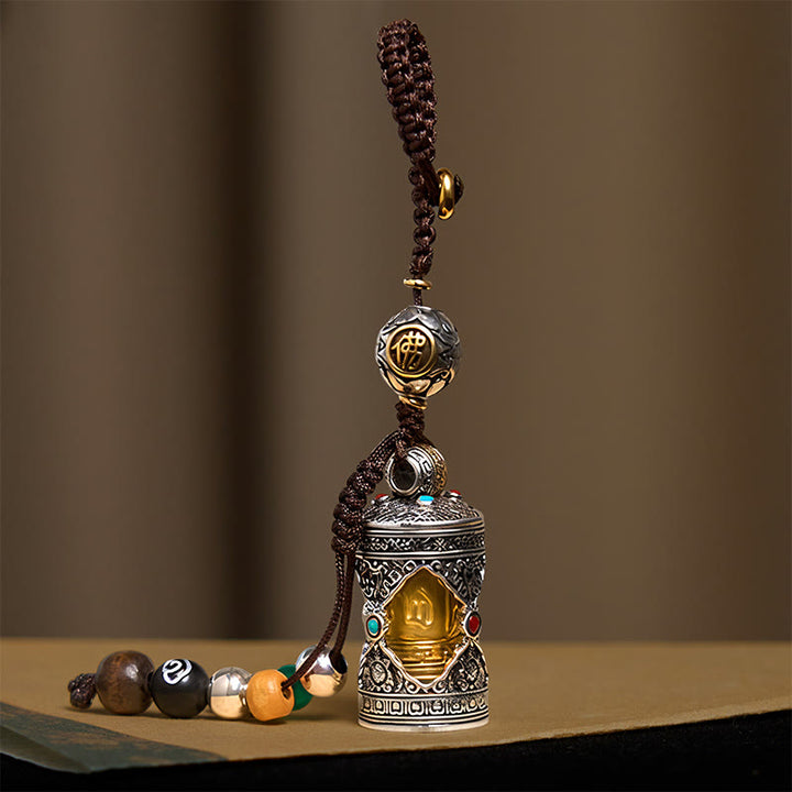 Buddha Stonesオーム・マニ・パドメ・フム・ガウ 祈祷箱 銅メッキ シルバー 幸運キーチェーン - image 2