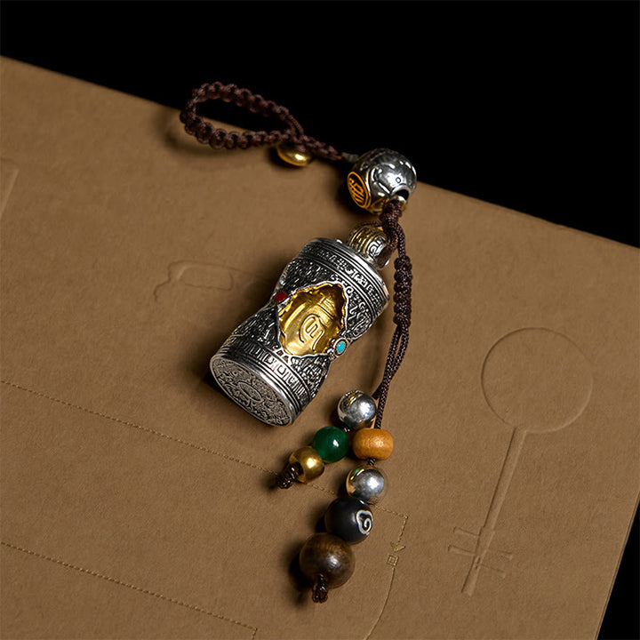 Buddha Stonesオーム・マニ・パドメ・フム・ガウ 祈祷箱 銅メッキ シルバー 幸運キーチェーン - image 3