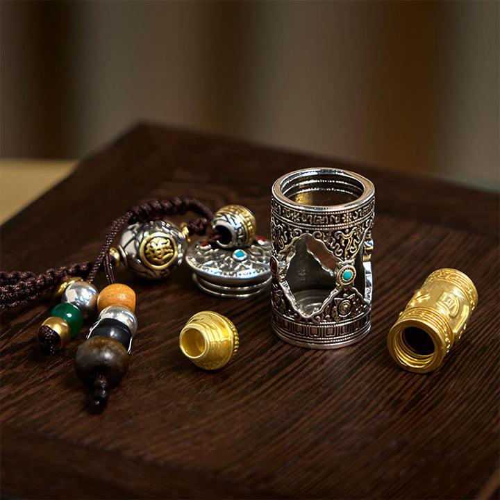Buddha Stonesオーム・マニ・パドメ・フム・ガウ 祈祷箱 銅メッキ シルバー 幸運キーチェーン - image 8