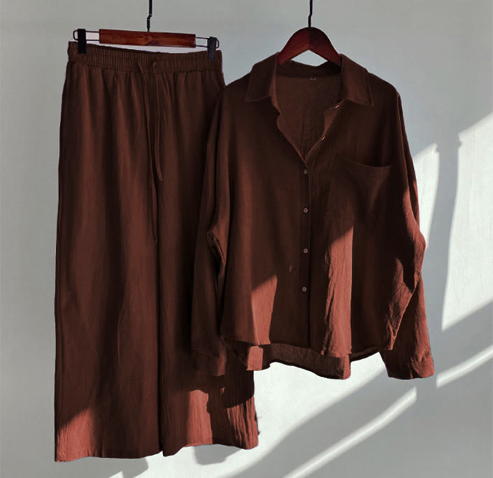Buddha Stones 2点セット 長袖シャツ ポケット付きトップス ドローストリングパンツ 瞑想用コットンリネン服 レディース セット - ファイアブリック - US20、 UK/AU24、 EU52 (5XL) - image 7