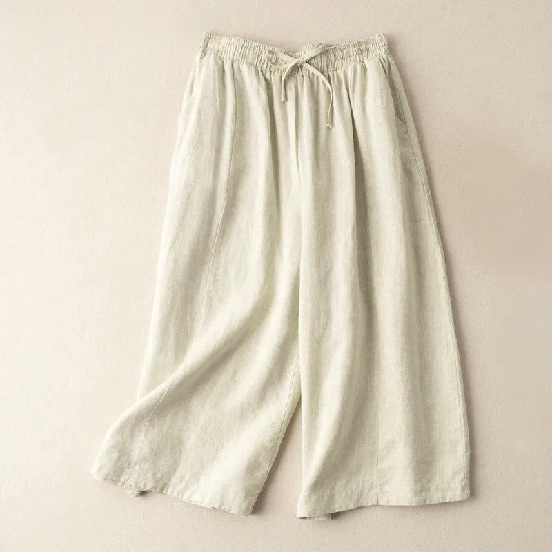 Buddha Stones無地 7-8丈 カプリ クロップドパンツ コットンリネン レディース ワイドレッグパンツ ポケット付き - ベージュ - US12、 UK/AU16、 EU44 (3XL) - image 23
