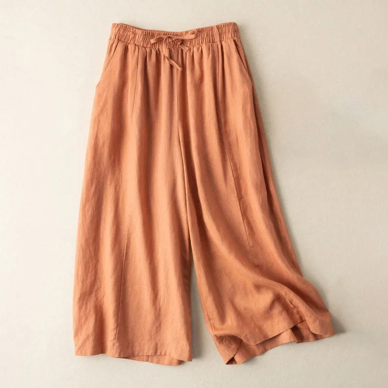 Buddha Stones無地 7-8丈 カプリ クロップドパンツ コットンリネン レディース ワイドレッグパンツ ポケット付き - ダークオレンジ - US12、 UK/AU16、 EU44 (3XL) - image 16