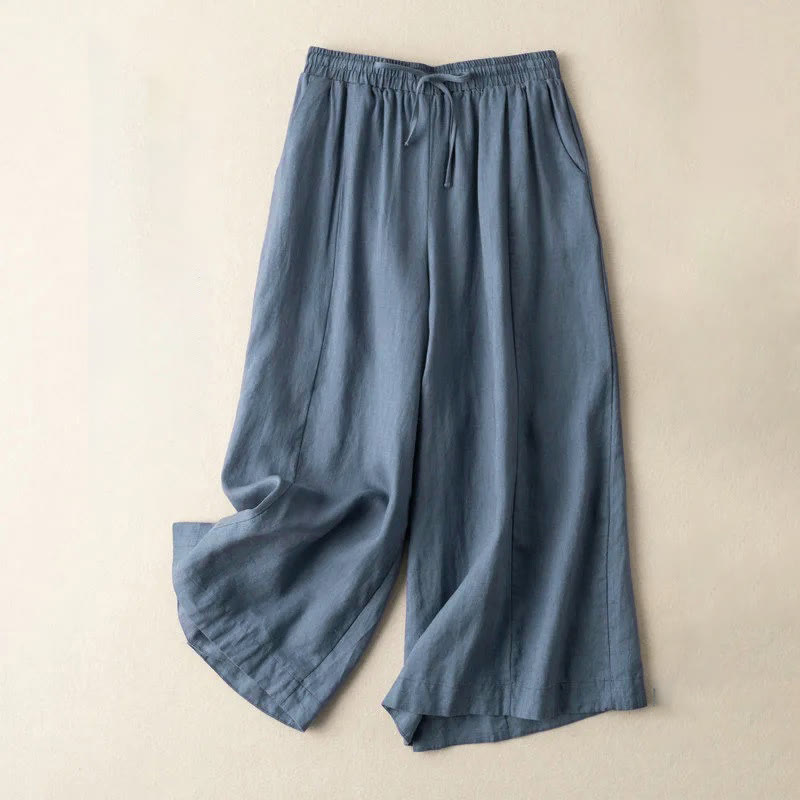 Buddha Stones無地 7-8丈 カプリ クロップドパンツ コットンリネン レディース ワイドレッグパンツ ポケット付き - スティールブルー - US12、 UK/AU16、 EU44 (3XL) - image 28