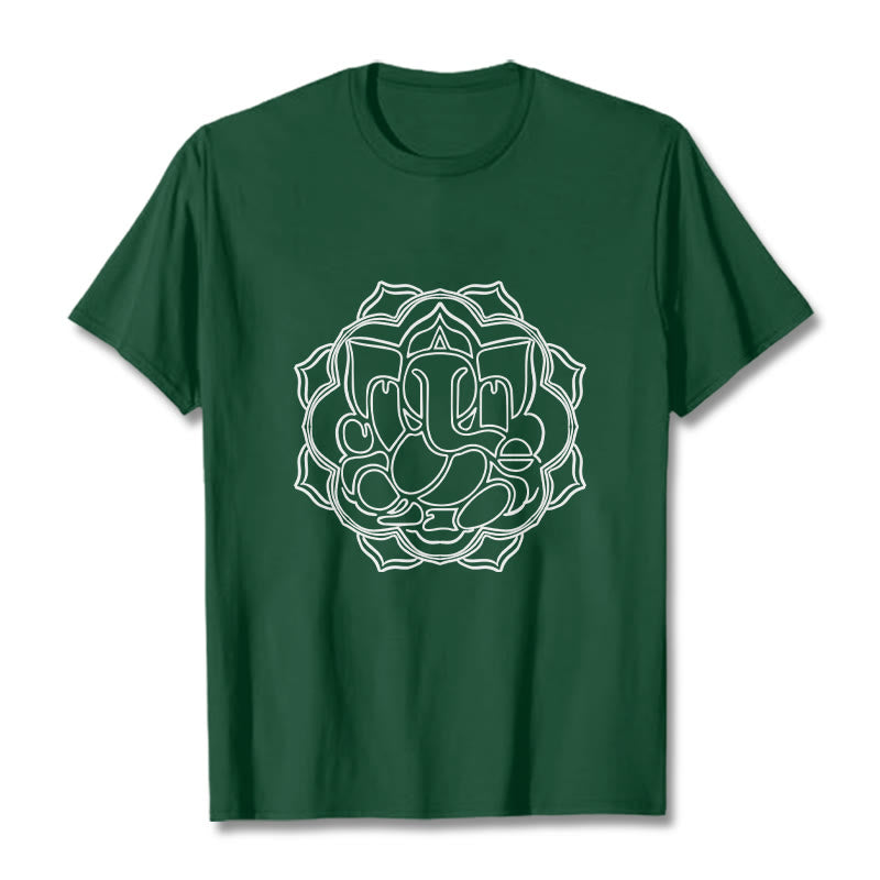 Buddha Stonesカジュアルマンダラデザインガネーシャ柄コットンTシャツ - フォレストグリーン - 2XL - image 1