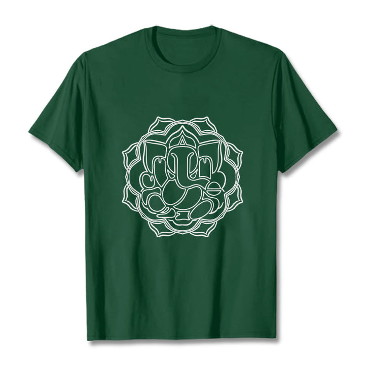 Buddha Stonesカジュアルマンダラデザインガネーシャ柄コットンTシャツ - フォレストグリーン - 2XL - image 1