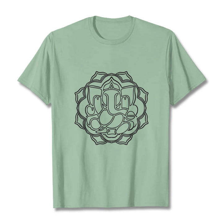 Buddha Stonesカジュアルマンダラデザインガネーシャ柄コットンTシャツ - ペールグリーン - 2XL - image 15