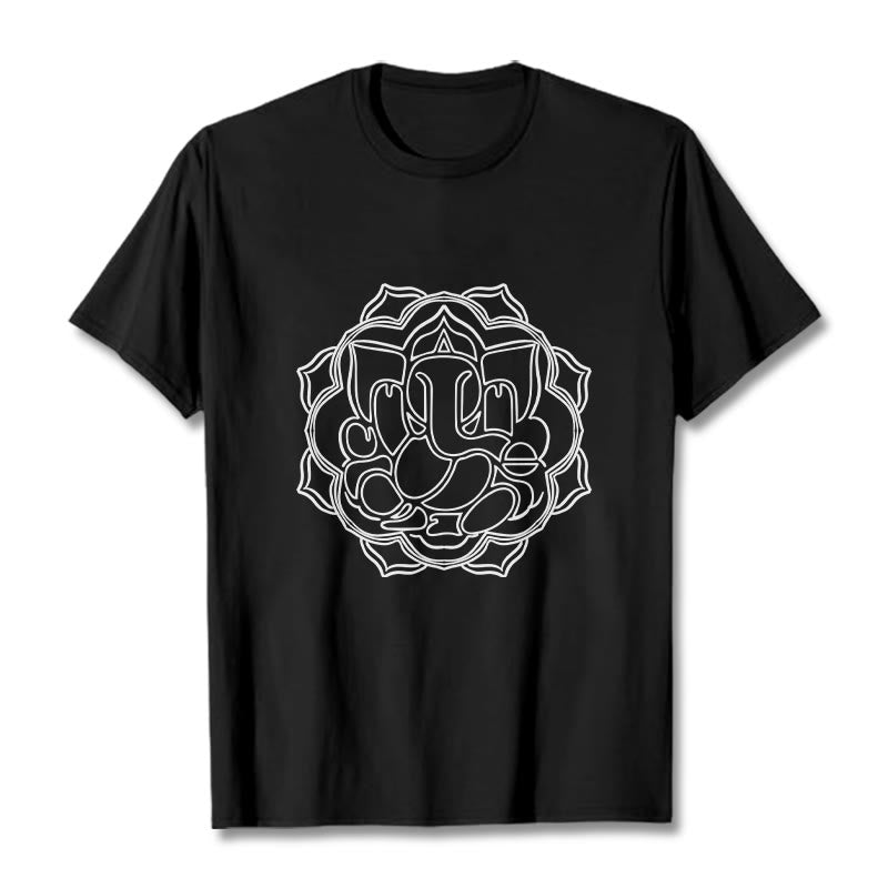 Buddha Stonesカジュアルマンダラデザインガネーシャ柄コットンTシャツ - 黒 - 2XL - image 4