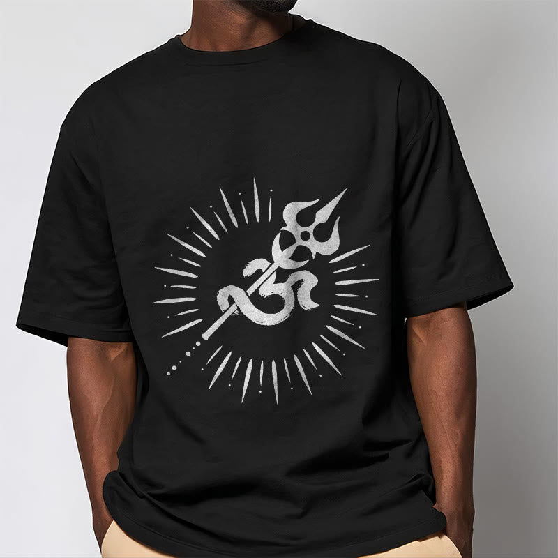 Buddha Stonesカジュアルオームシンボルトライデント放射状ライン柄コットンTシャツ - image 2