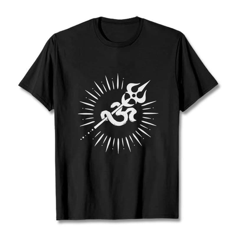 Buddha Stonesカジュアルオームシンボルトライデント放射状ライン柄コットンTシャツ - 黒 - 2XL - image 1