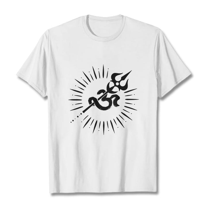 Buddha Stonesカジュアルオームシンボルトライデント放射状ライン柄コットンTシャツ - 白 - 2XL - image 6