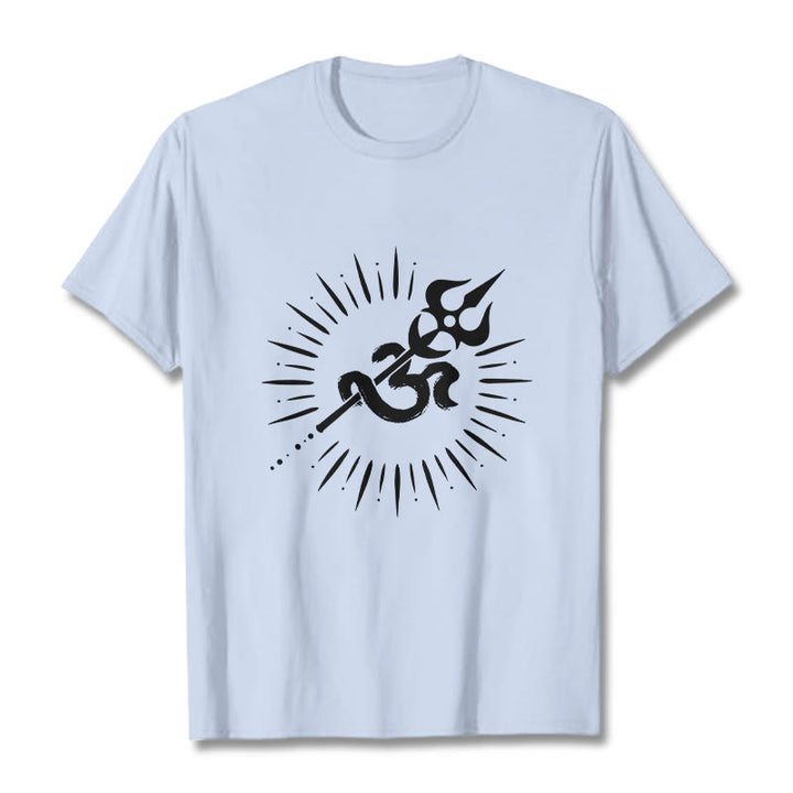 Buddha Stonesカジュアルオームシンボルトライデント放射状ライン柄コットンTシャツ - ライトシアン - 2XL - image 19