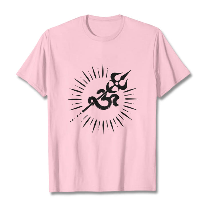 Buddha Stonesカジュアルオームシンボルトライデント放射状ライン柄コットンTシャツ - ライトピンク - 2XL - image 13
